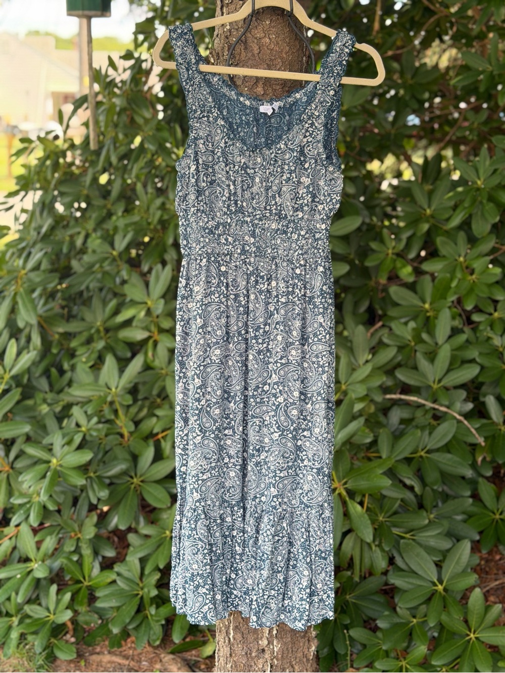 Patrons of Peace Teal Paisley Lace-Trim Maxi Dress- medium -elastic waist/straps - Picture 4 of 11